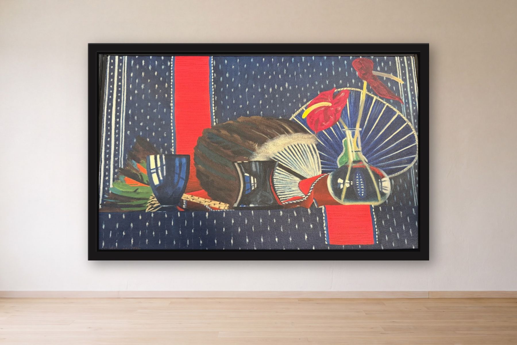 Still Life with Fans by Bill Sullivan, framed on a gallery wall