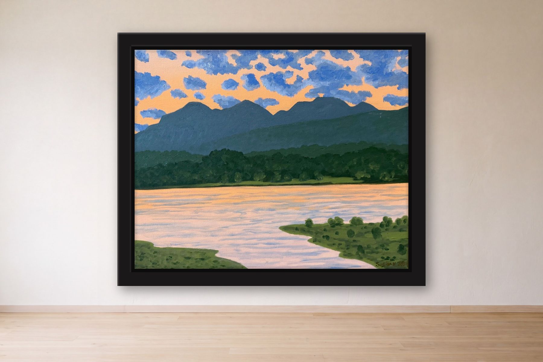 The Catskills from Hudson at Twilight by Bill Sullivan, framed on a gallery wall