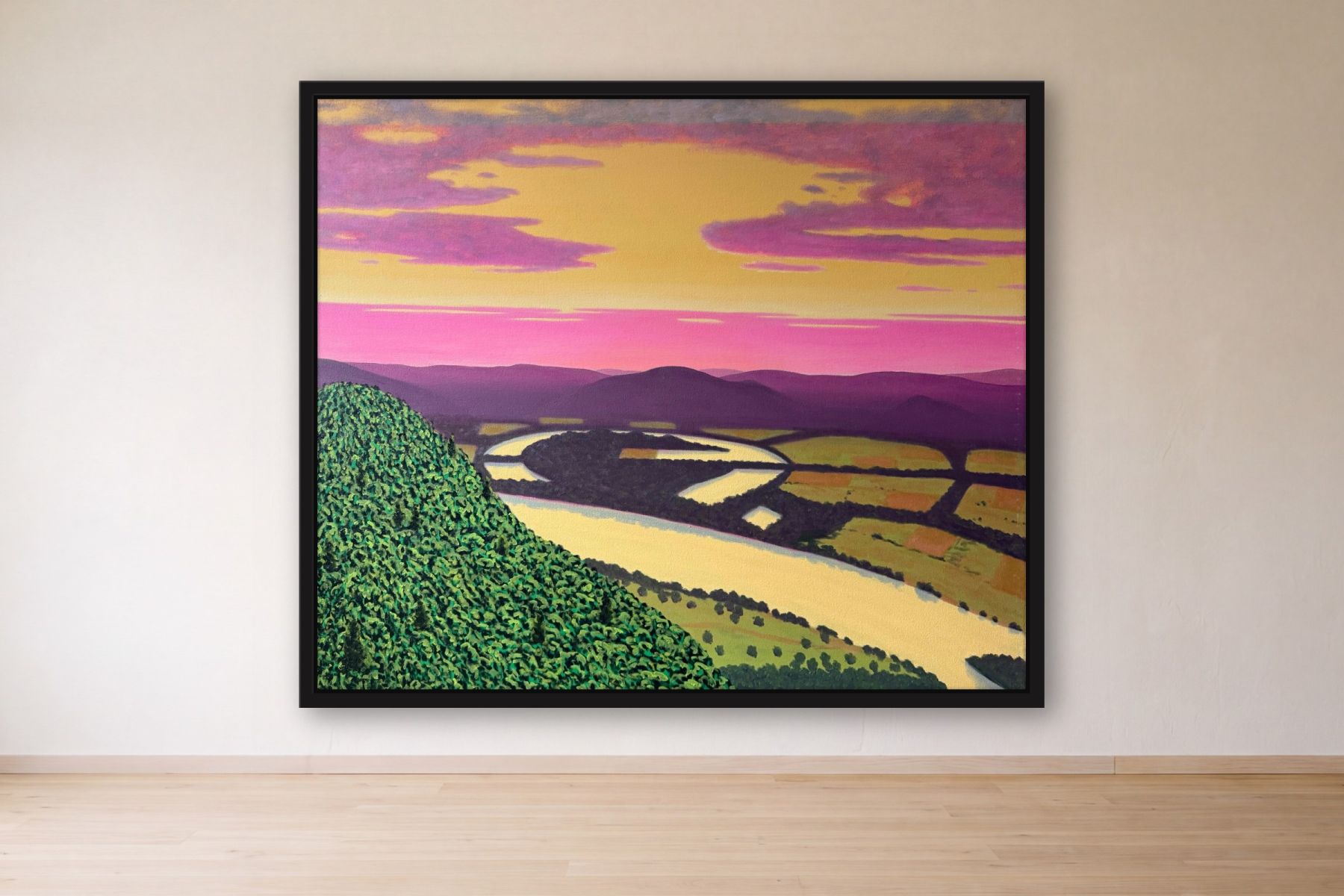 The Oxbow by Bill Sullivan, framed on a gallery wall