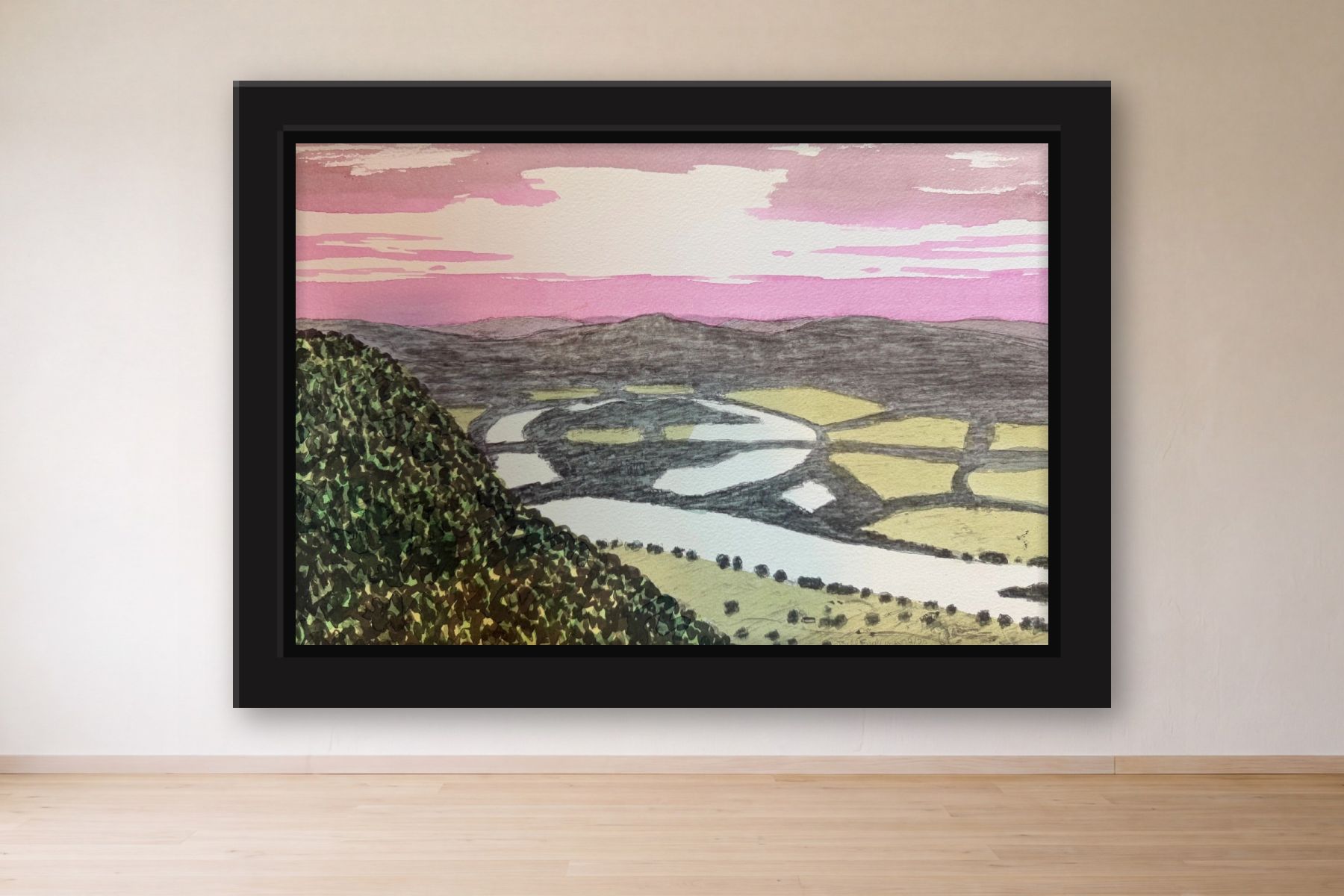 The Oxbow, 2/25 by Bill Sullivan, framed on a gallery wall