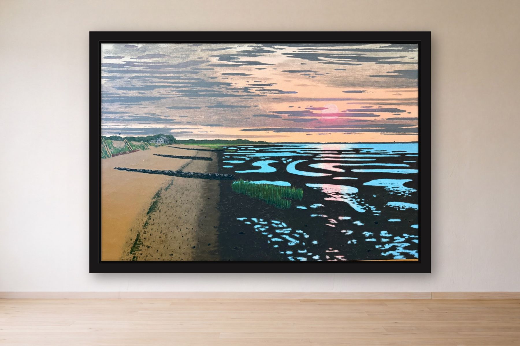 Low Tide at Sunset by Bill Sullivan, framed on a gallery wall