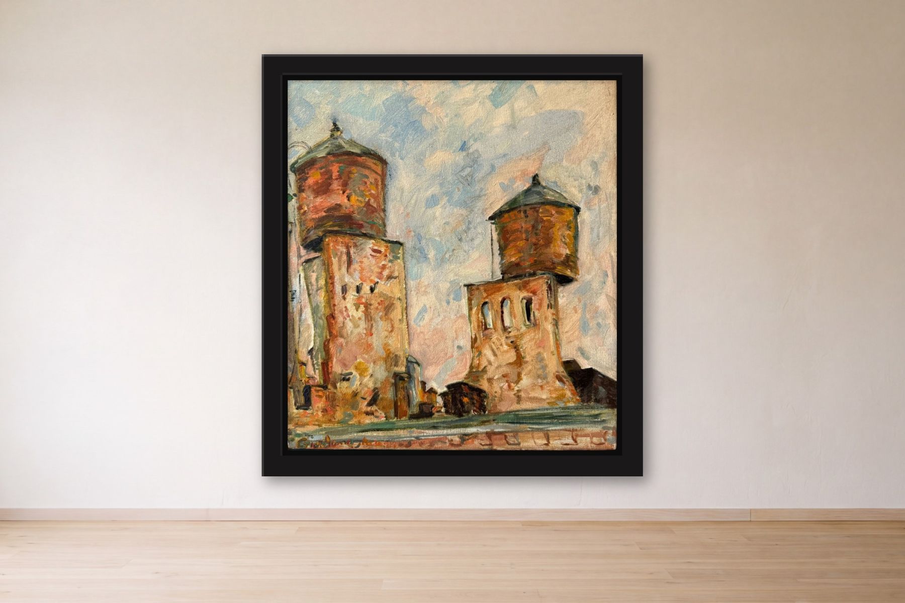 Untitled (Water Tanks) by Artist not recorded, framed on a gallery wall