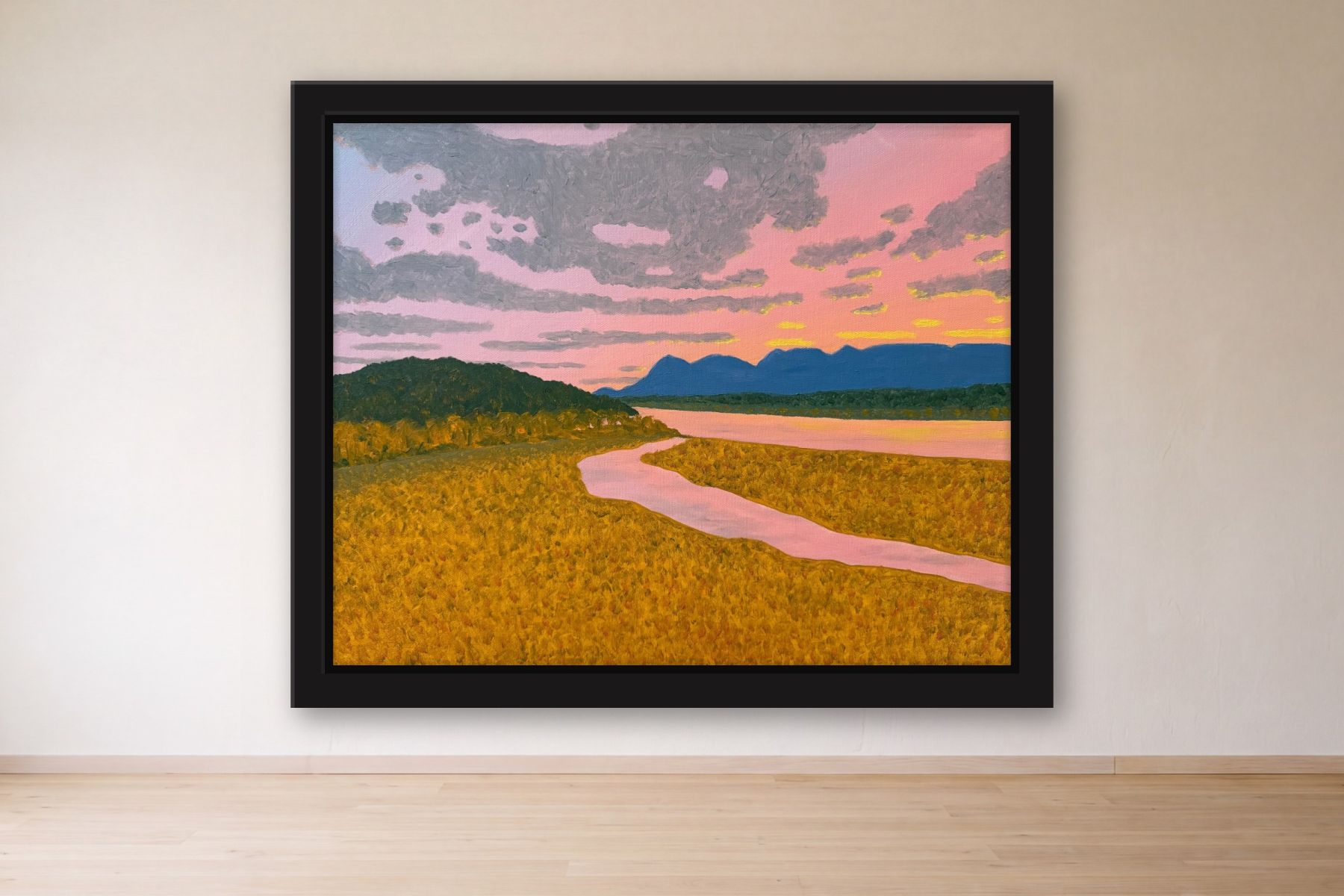View of the Catskills by Bill Sullivan, framed on a gallery wall