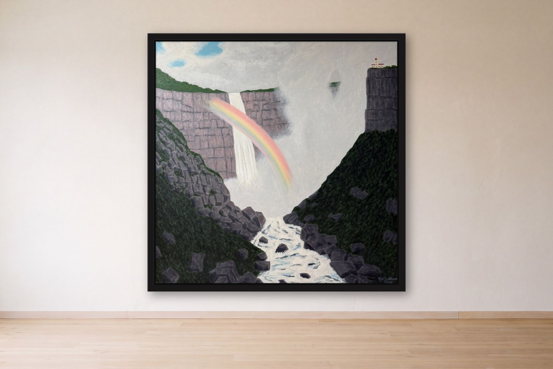 Waterfall by Bill Sullivan, framed on a gallery wall